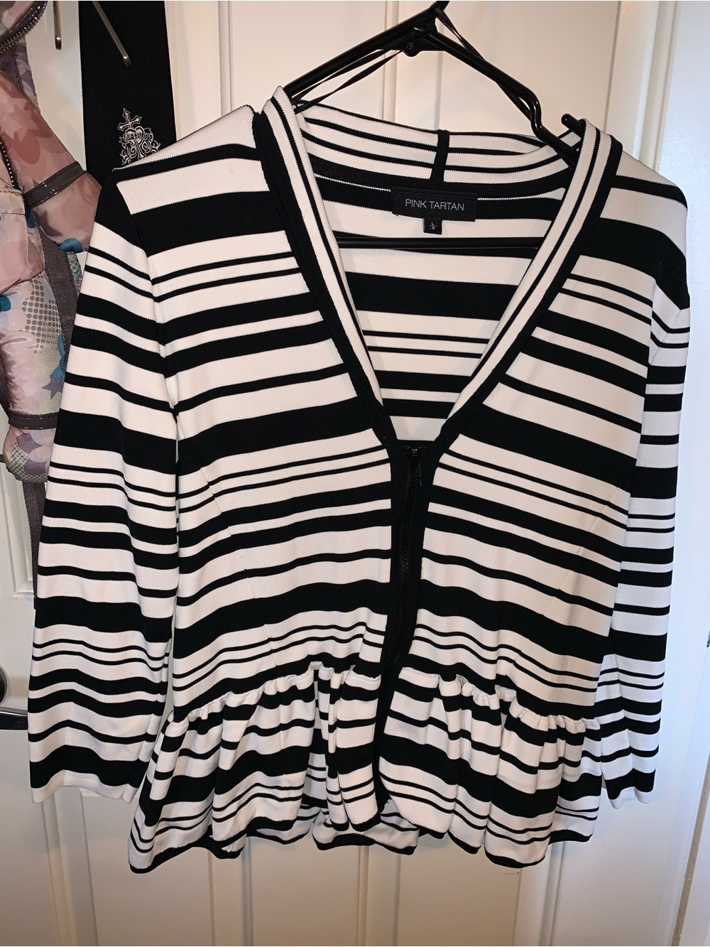 PINK TARTAN Black & White Striped Zip-Front Peplum Top